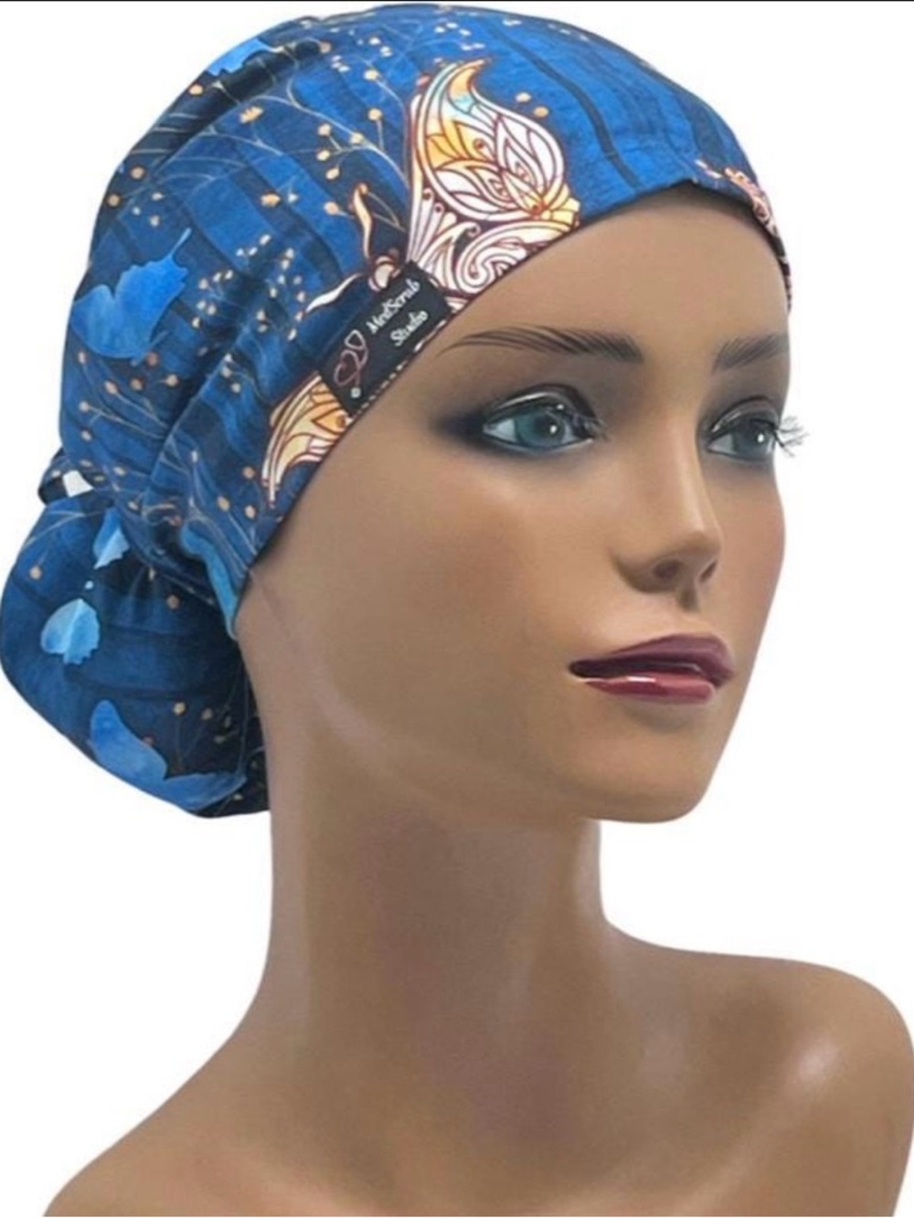 Royal Blue Butterfly Floral Print Ponytail Women’s Surgical Scrub Cap